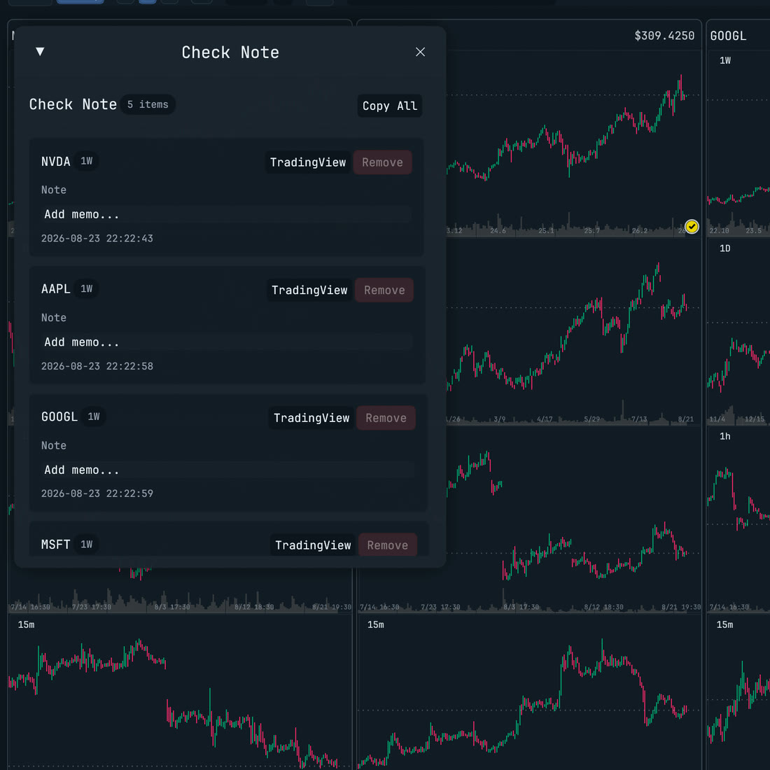 1K Scanner Check Note list with five saved charts, memo fields, and TradingView buttons